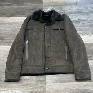 Express Jacket Gray Men L Faux Fur Lined Button Faux Suede Trucker y2k 2000s